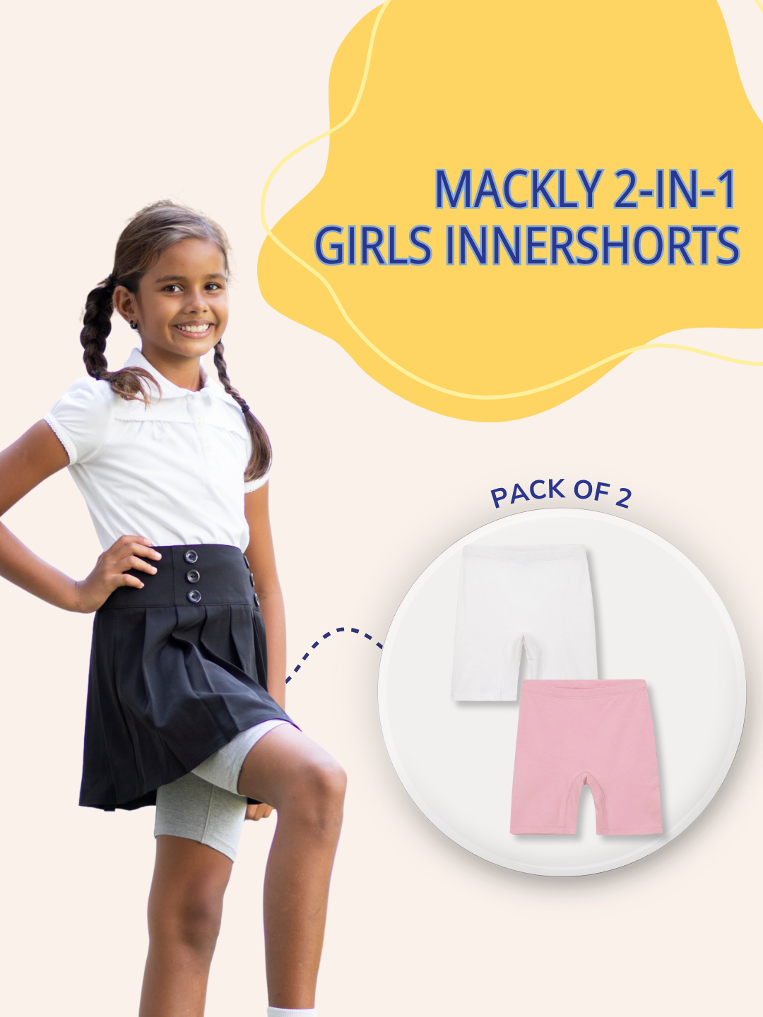 2-Pack Girls Inner Shorts -White, Pink