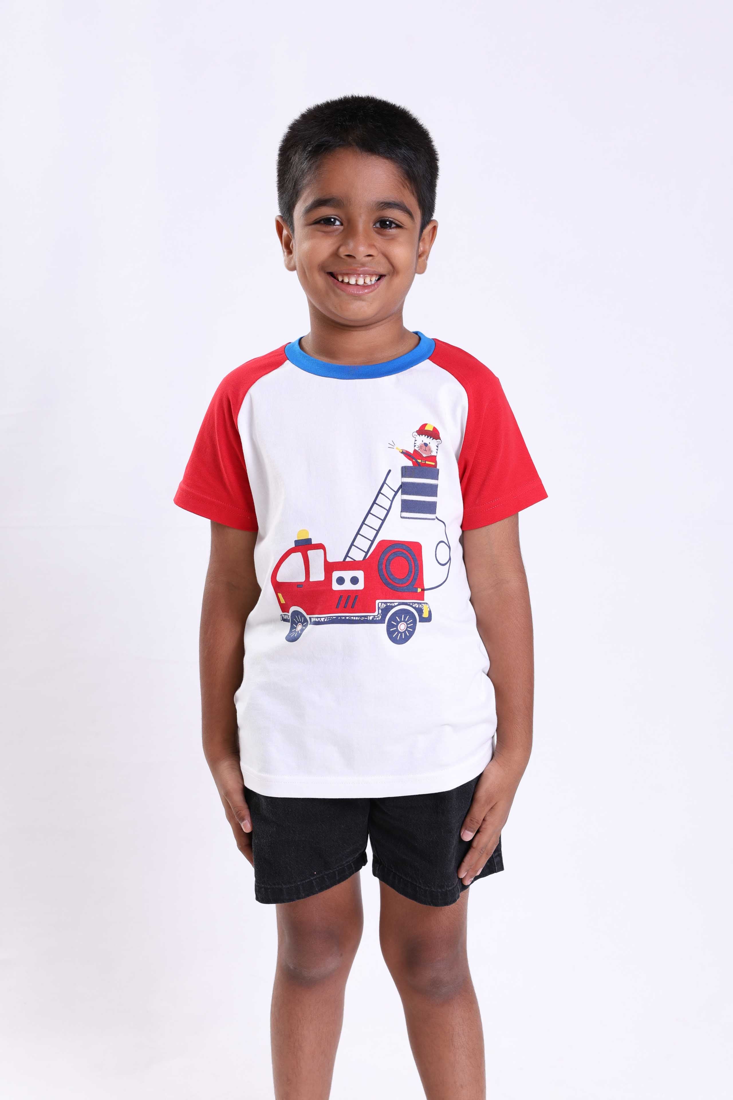 Mackly Boys’ 3-Pack Short Sleeve T-Shirts – Fire Truck, Dino & Spaceship Designs