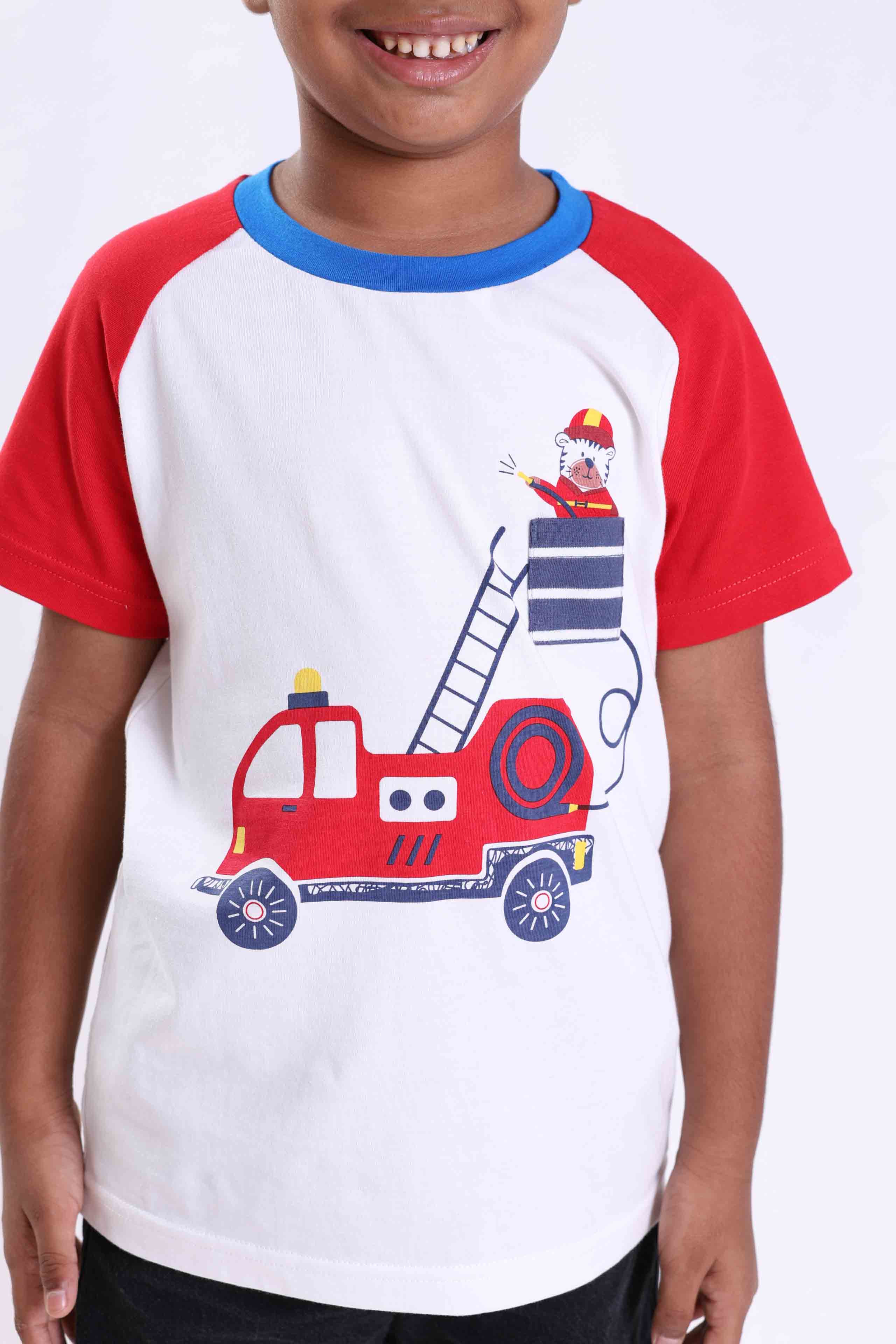 Mackly Boys’ 3-Pack Short Sleeve T-Shirts – Fire Truck, Dino & Spaceship Designs