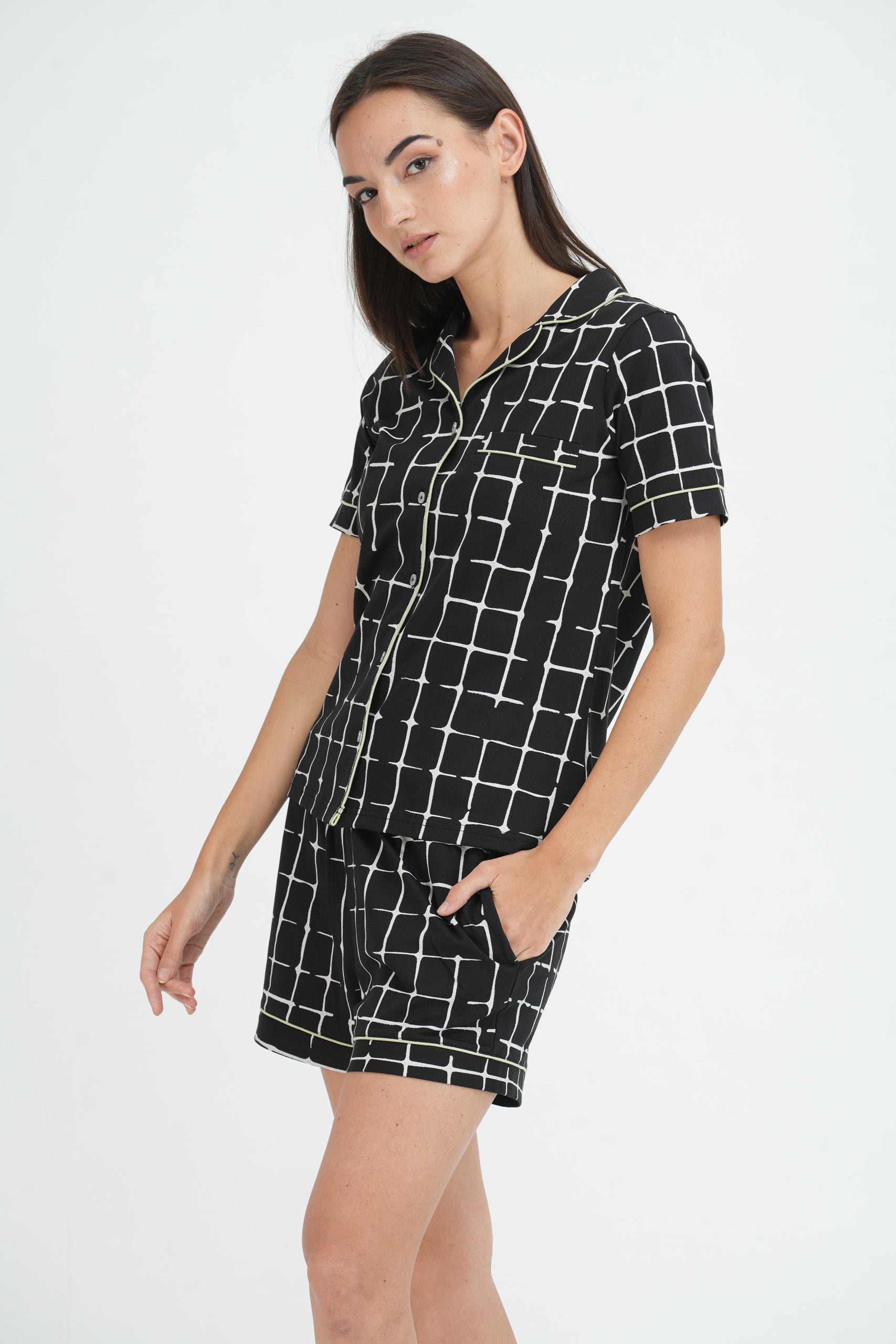 GREEN HINTS, Woman wearing comfortable sleepwear pajama, Relaxing sleepwear pajama for women, Cozy and stylish women's sleepwear pajama, Soft and breathable pajama for a good night's sleep, Lounge and sleep in this comfortable women's pajama, Comfy and stylish sleepwear for women, Sleep peacefully in this cozy women's pajama set, Relax in comfort with this women's sleepwear pajama, Luxurious and soft pajama set for women, Stay comfortable all night in this women's sleepwear pajama