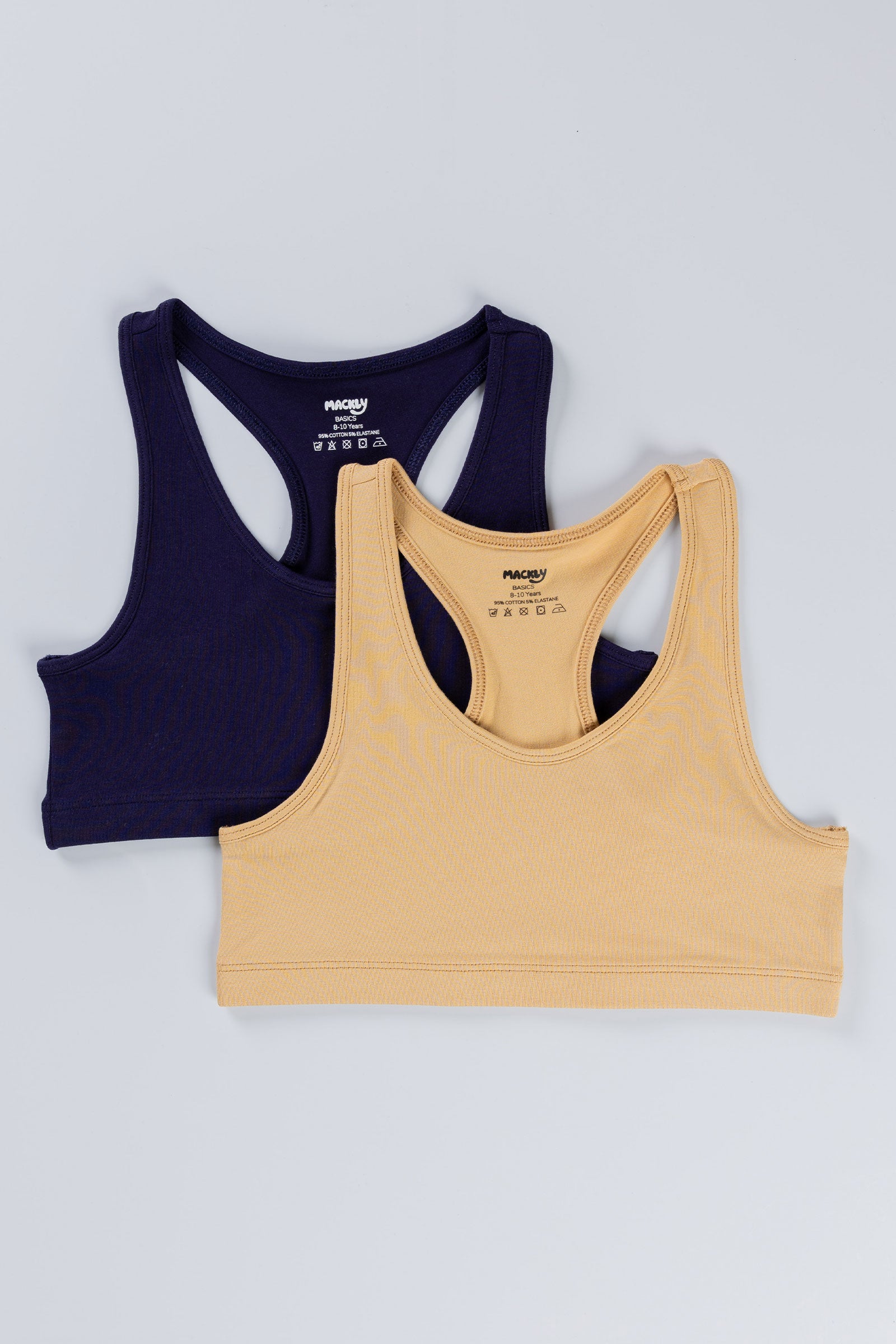 BEIGE & NAVY GIRLS RACER BACK TRAINER BRA - PACK OF 2