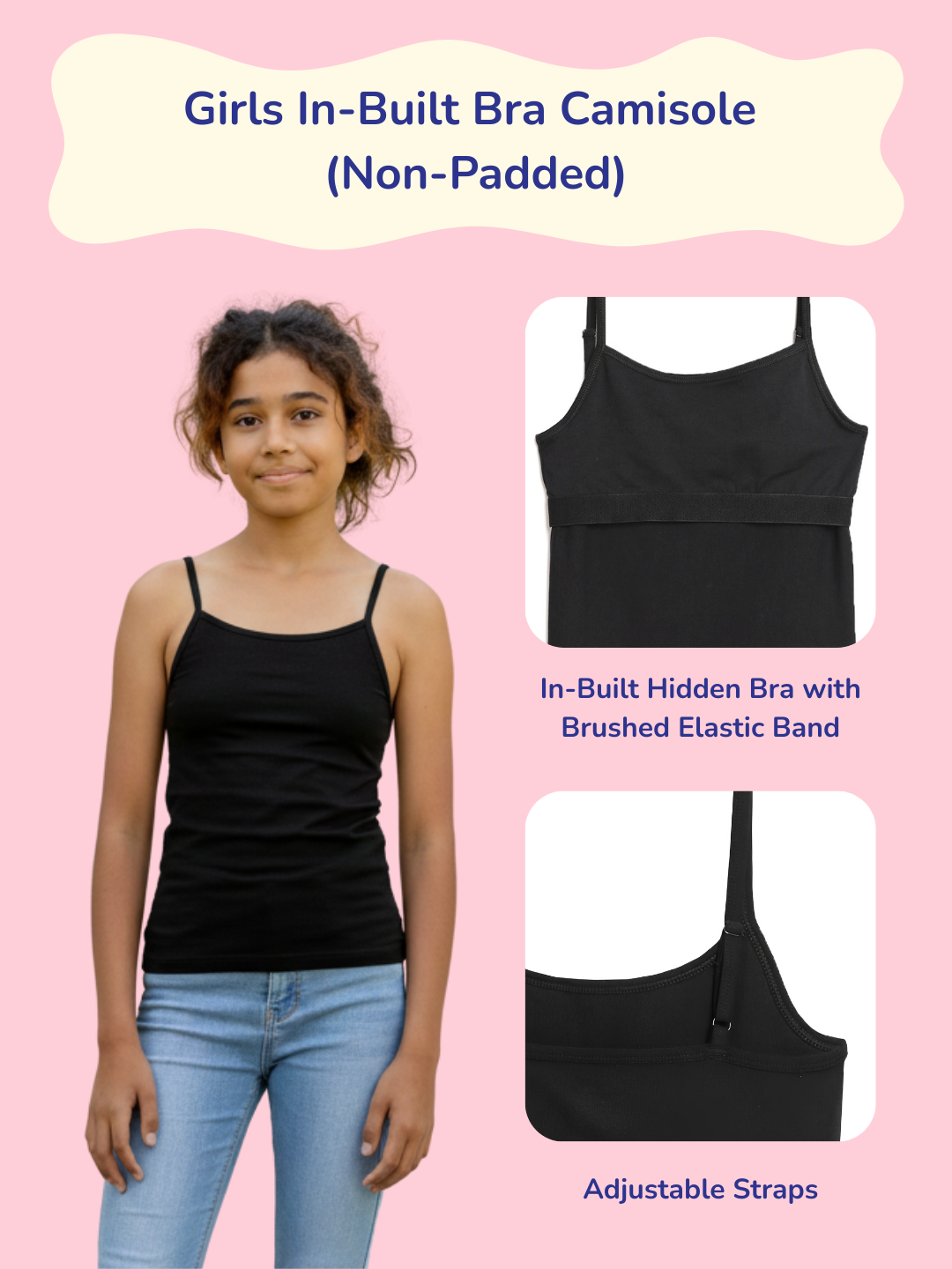 BLACK CAMISOLE WITH INBUILT BRA – GIRLS