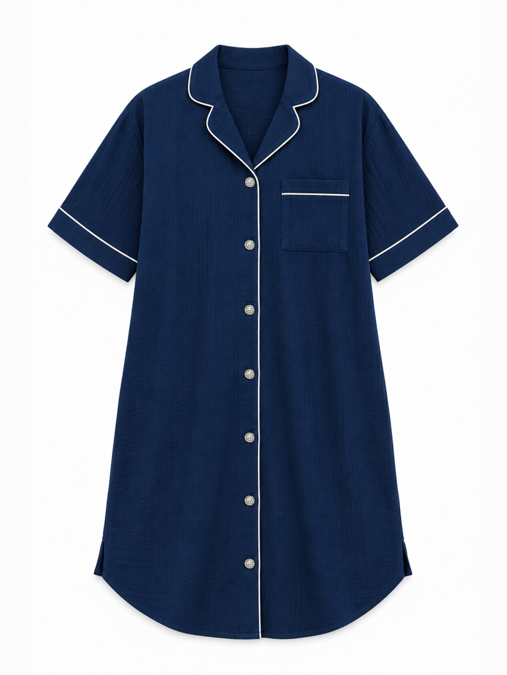 NAVY CREPE MATERNITY FRONT-OPEN SHORT-SLEEVE DRESS