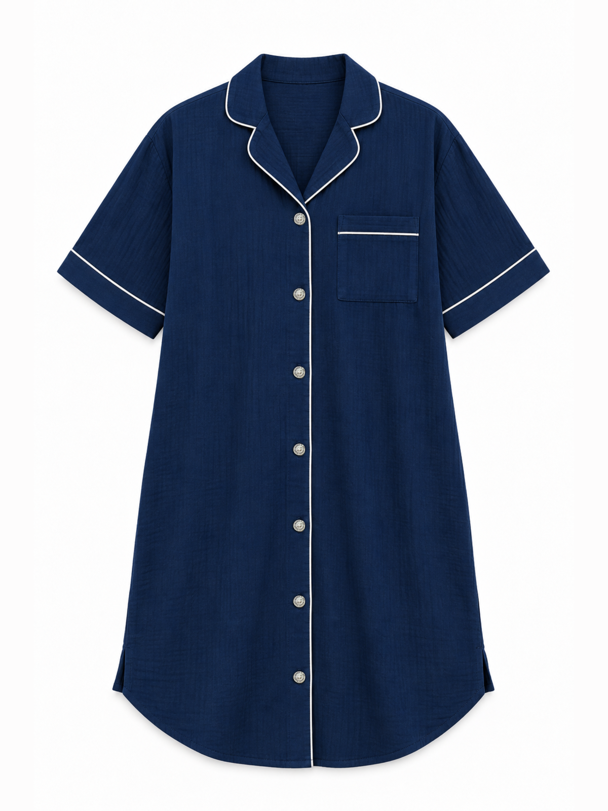 NAVY CREPE MATERNITY FRONT-OPEN SHORT-SLEEVE DRESS