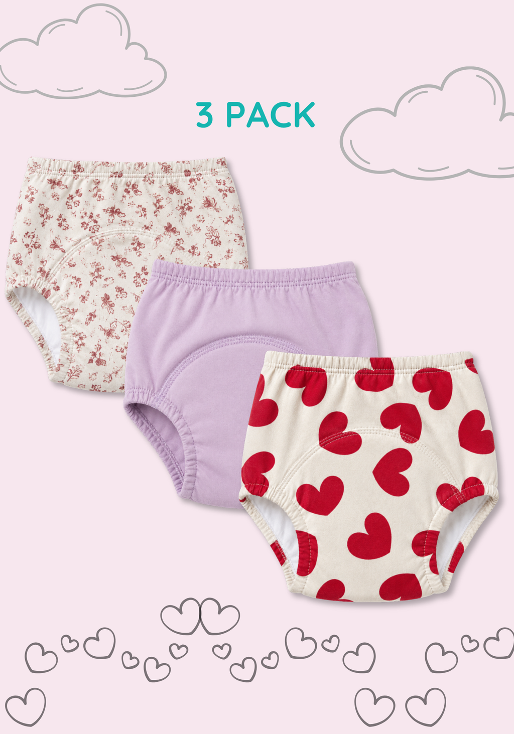 PETAL HEARTS 3 PACK POTTY TRAINING SHORTS