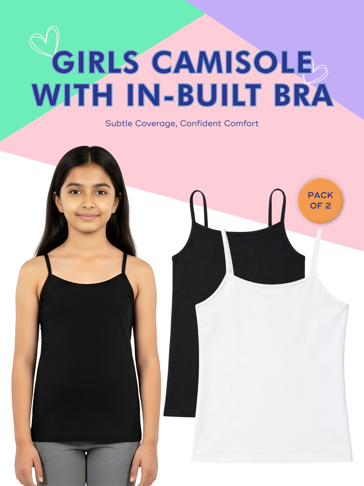 2PACK GIRLS BLACK & WHITE INBUILD BRA CAMI