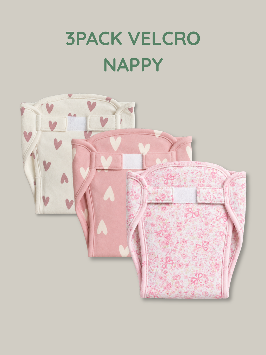 PINK HEART 3 PACK VELCRO CLOTH NAPPY