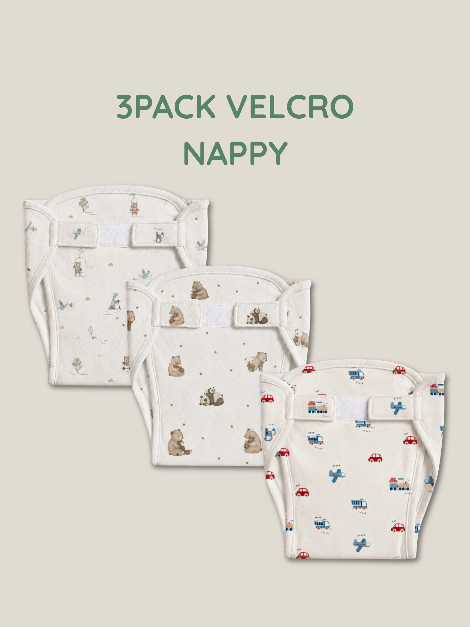 TINY TRAVELS 3 PACK VELCRO CLOTH NAPPY