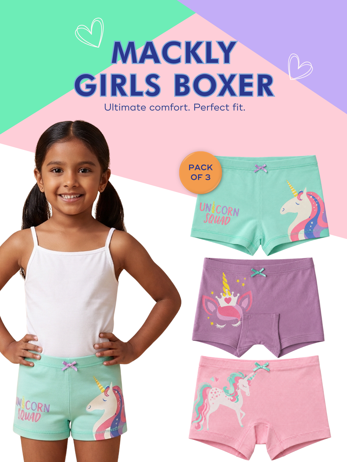 UNICORN SQUARD GIRLS BOXER - 3 PACK