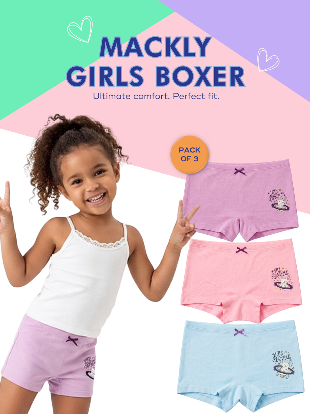SPACE BUNNY GIRLS BOXER - 3 PACK
