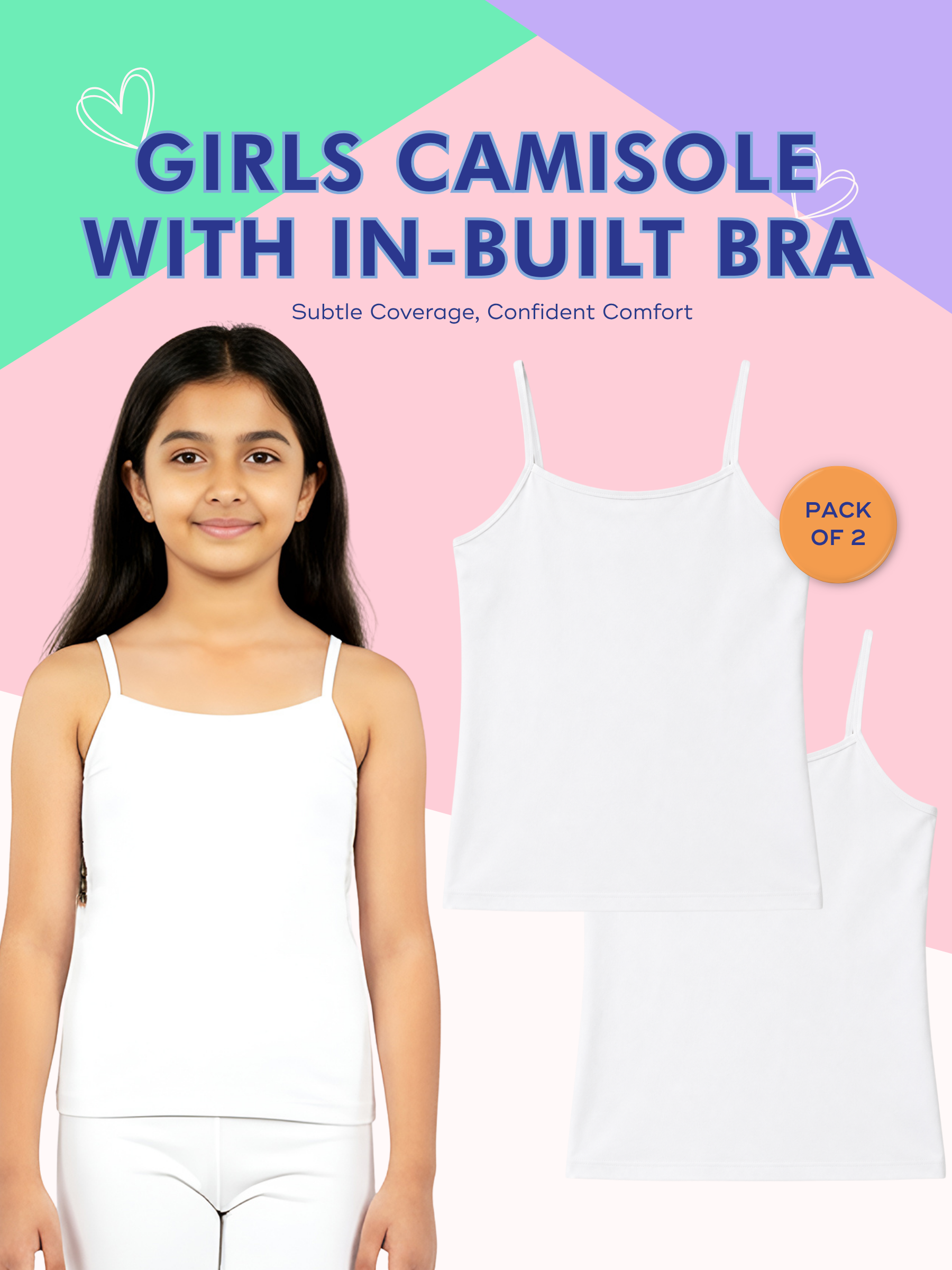 2PACK GIRLS WHITE INBUILD BRA CAMI