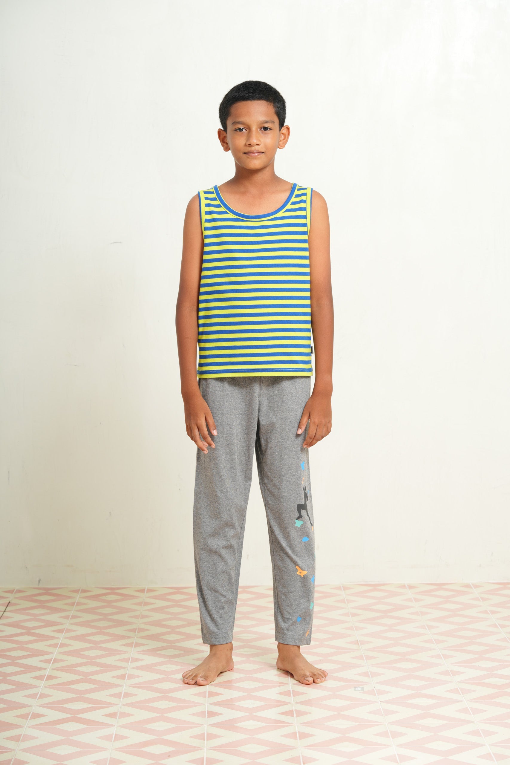 BOYS ROCK CLIMB STRIPED LYCRA JERSEY SLEEVELESS TOP 100% COTTON STRIPED SINGLE JERSEY PANTS