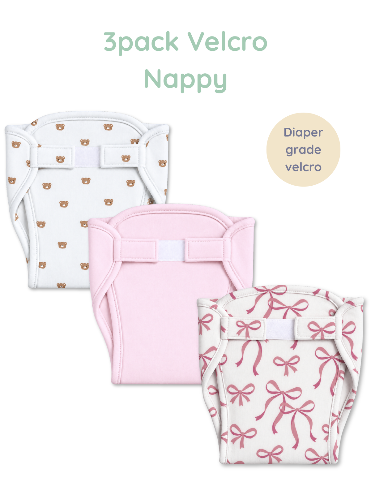 TEDDY AND BOWS 3PK VELCRO NAPPY