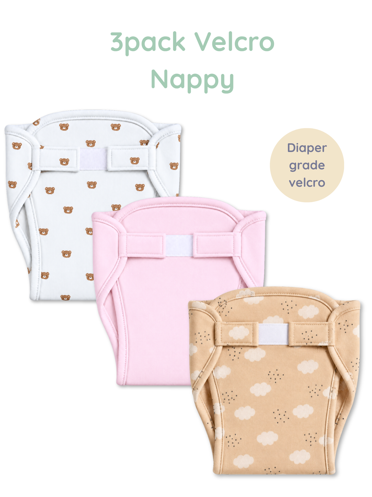 SWEET CLOUDS 3PK VELCRO NAPPY