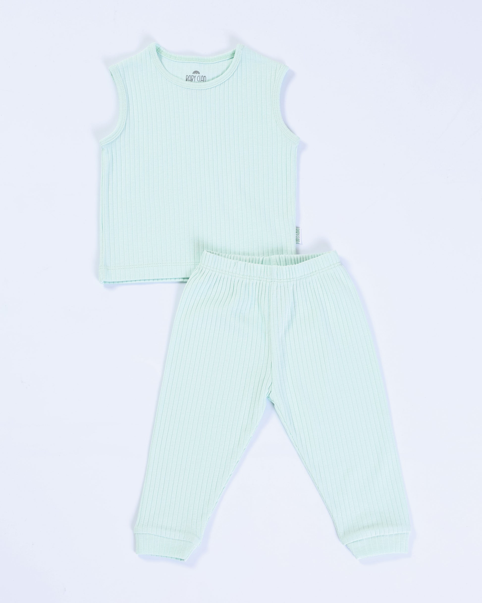 GREEN RIB SLEEVELESS PANT SET