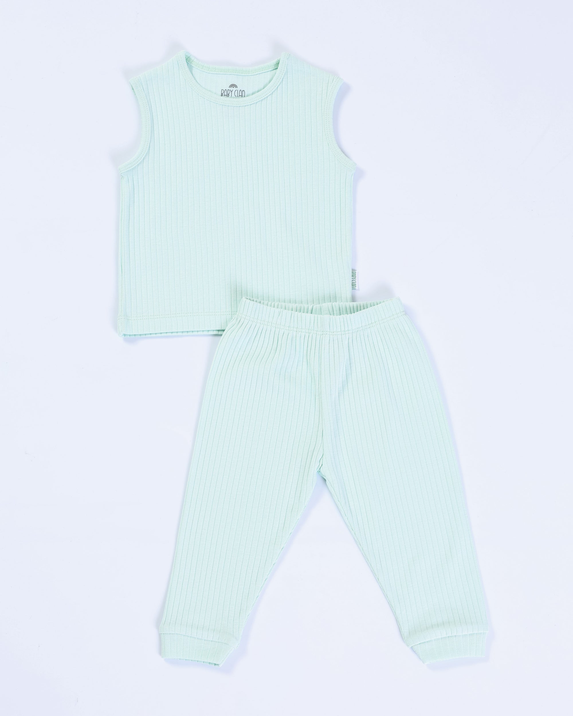 GREEN RIB SLEEVELESS PANT SET