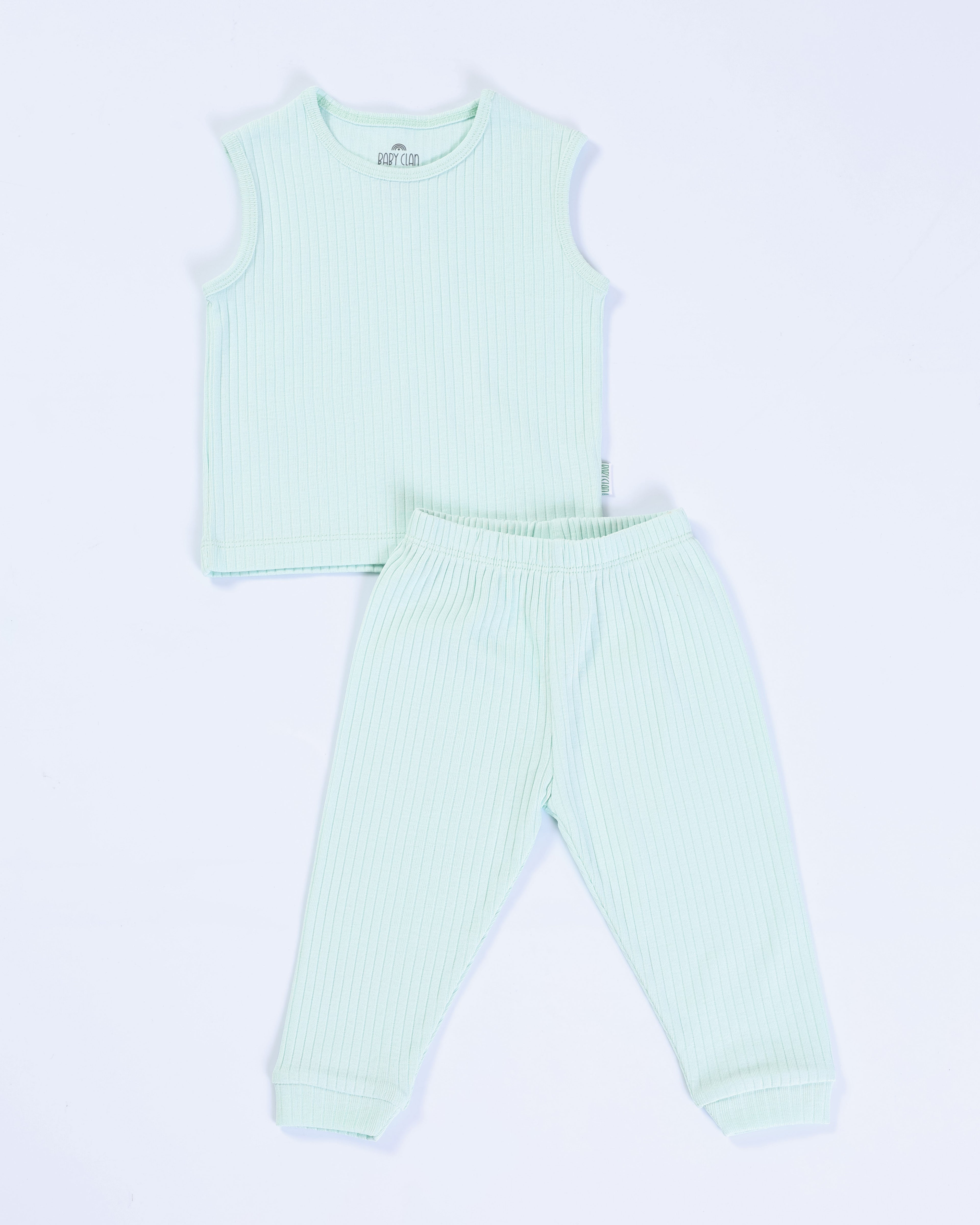 GREEN RIB SLEEVELESS PANT SET