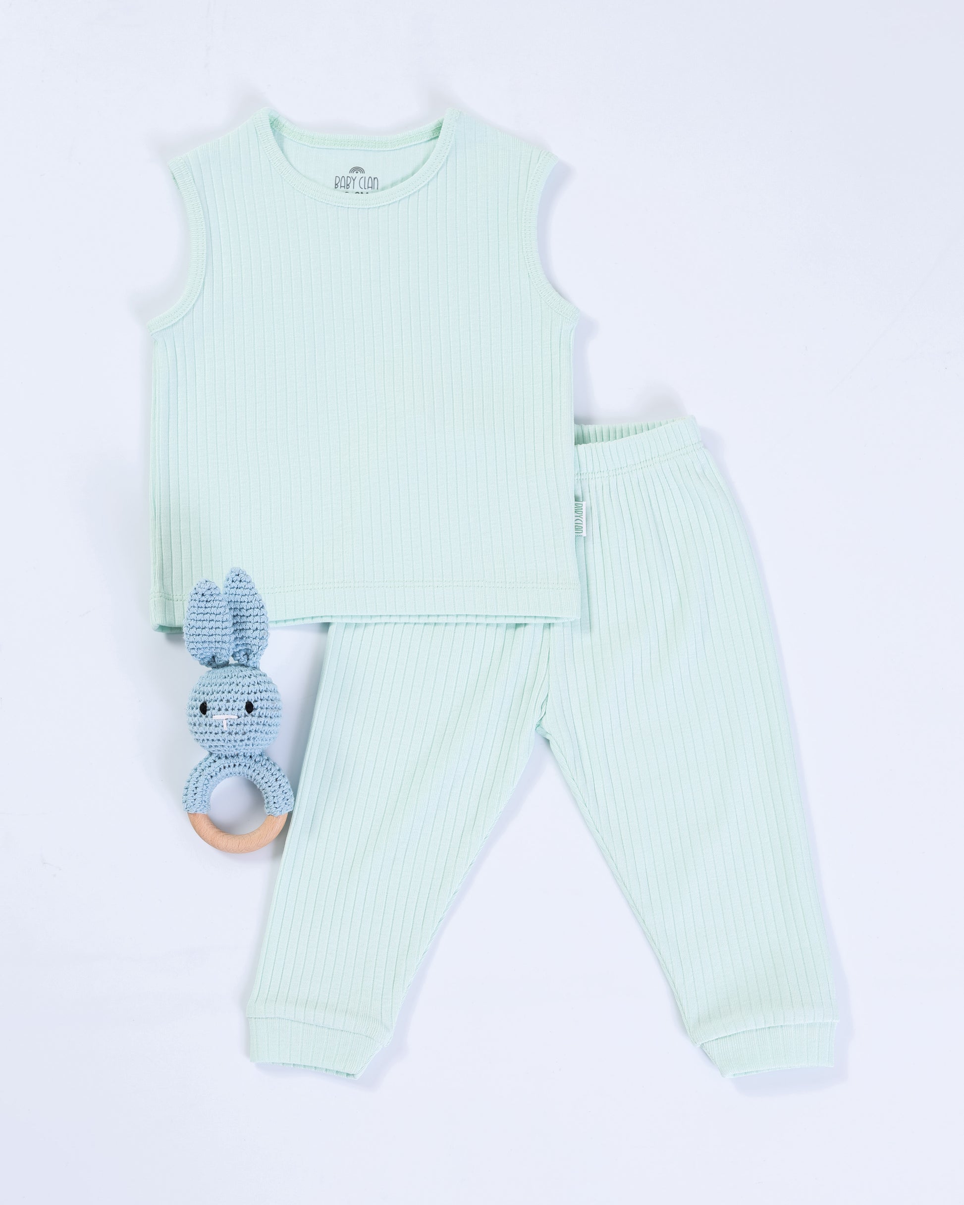 GREEN RIB SLEEVELESS PANT SET