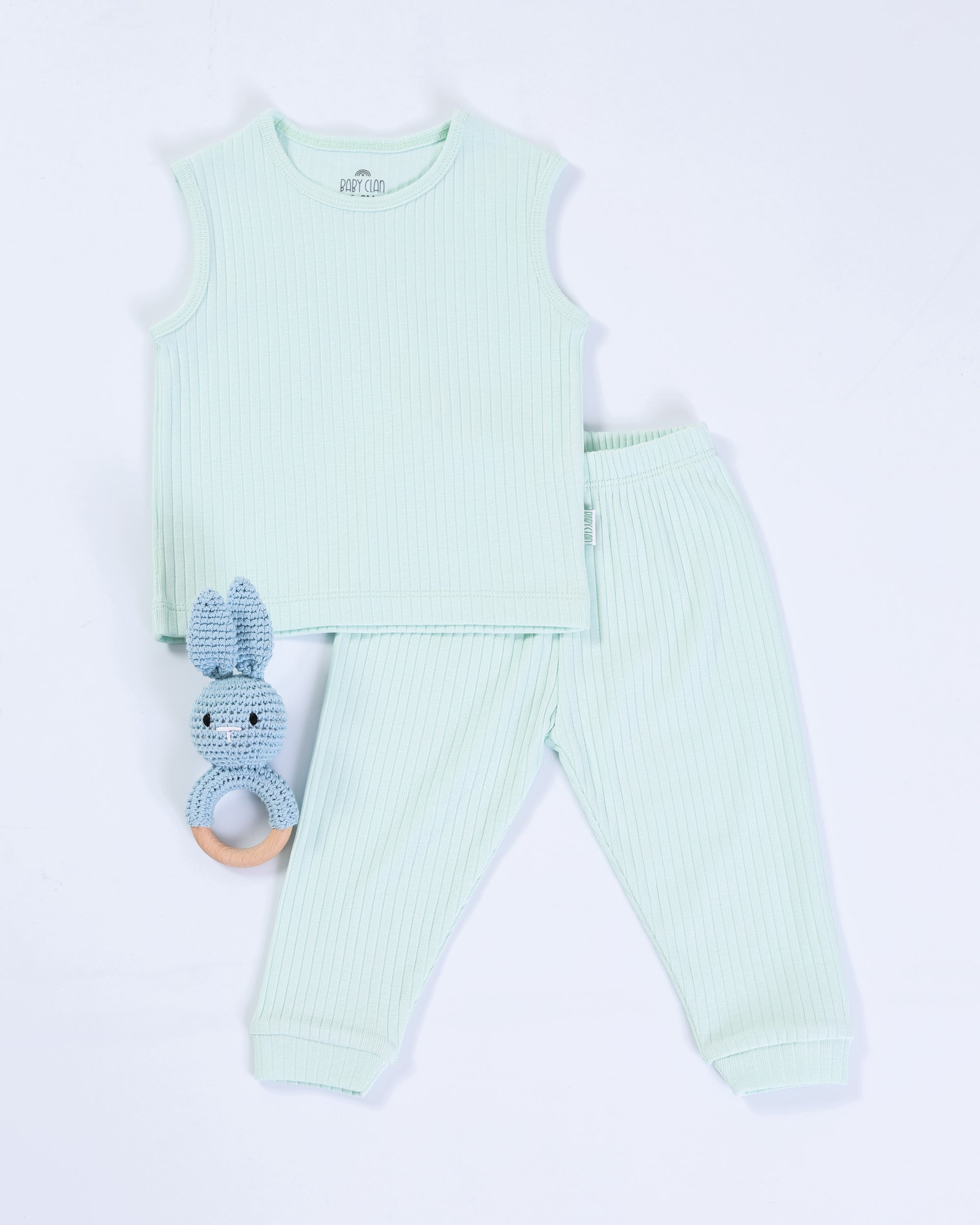GREEN RIB SLEEVELESS PANT SET