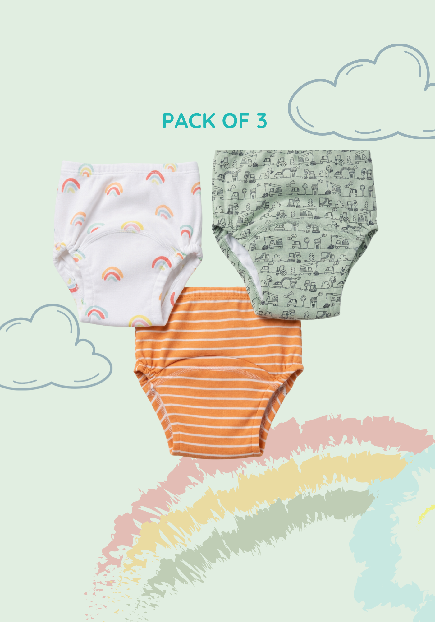3 PACK RAINBOW UNISEX POTTY TRAINING PANTS