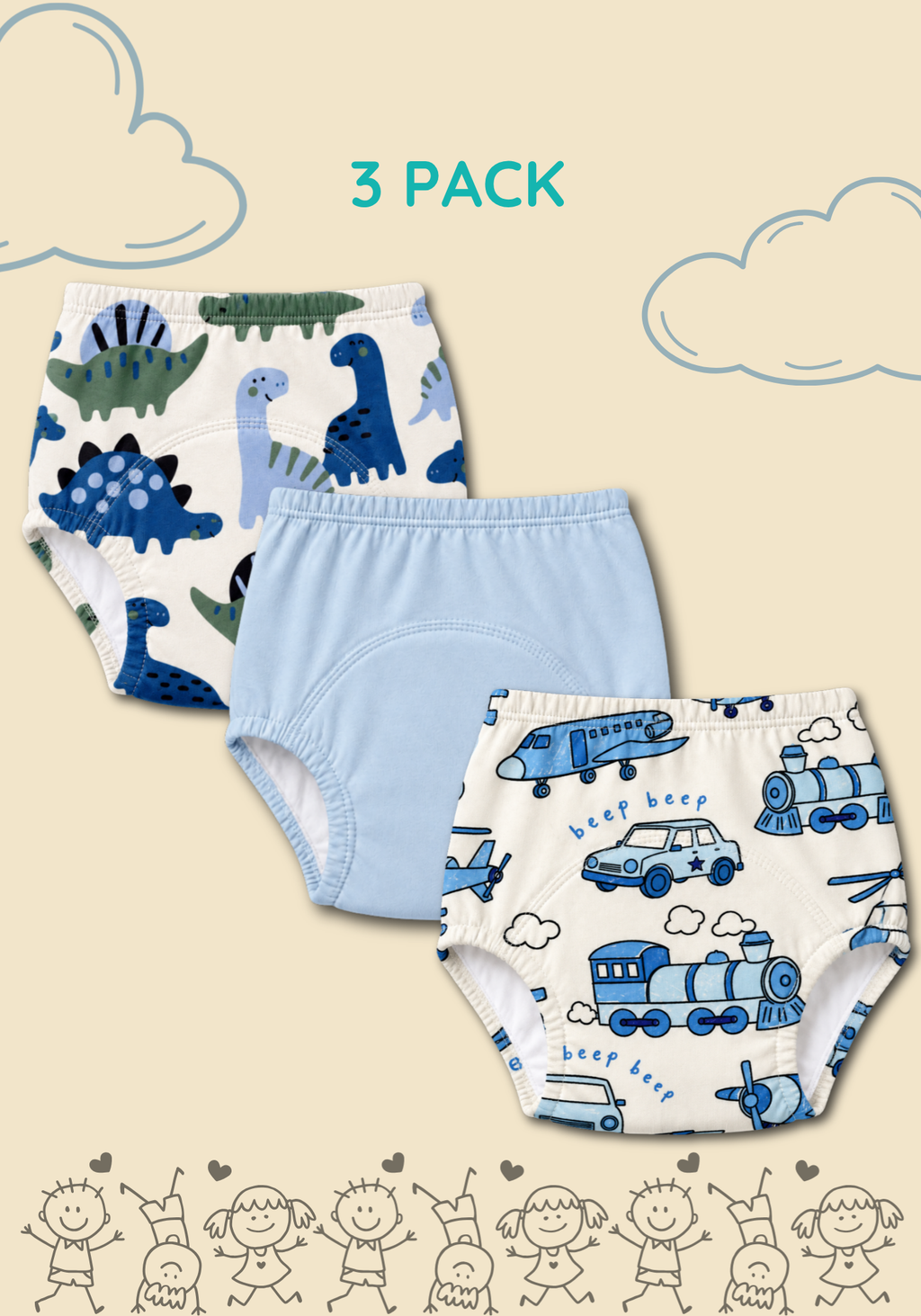 DINO WHEELS 3PK POTTY TRAINING PANTY